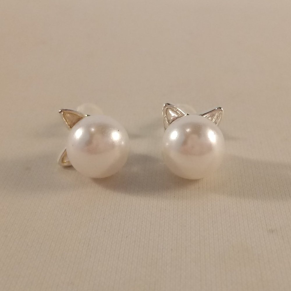 Silver Cat Pearl Cat Stud Earrings Women's Party Gift